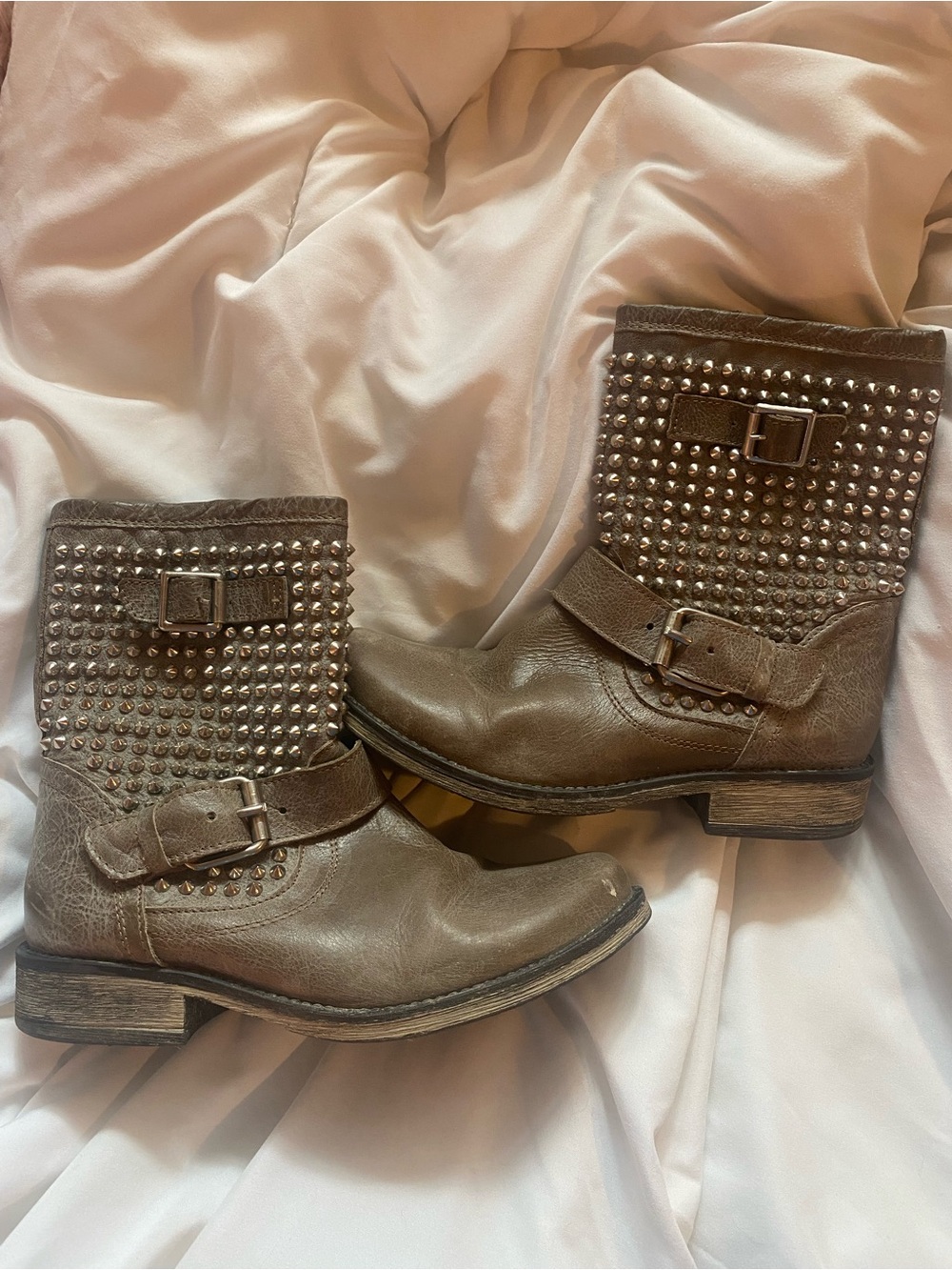 Steve Madden Taupe Studded Leather Moto Boots